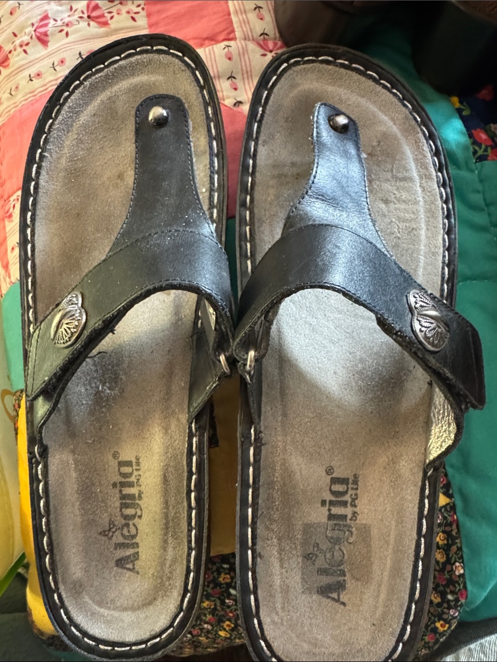 Alegria Black Leather Thong Sandals with Silver Conchos